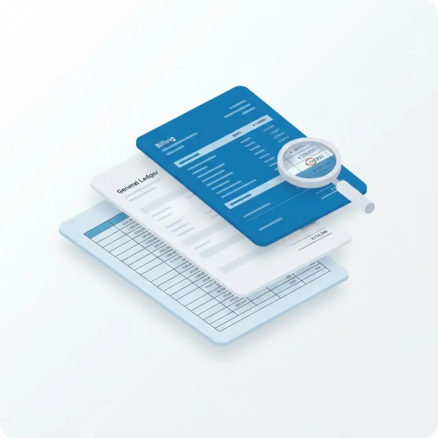Stacked reconciliation documents — a billing statement, a general ledger and a spreadsheet — with a magnifier over one flagged figure.